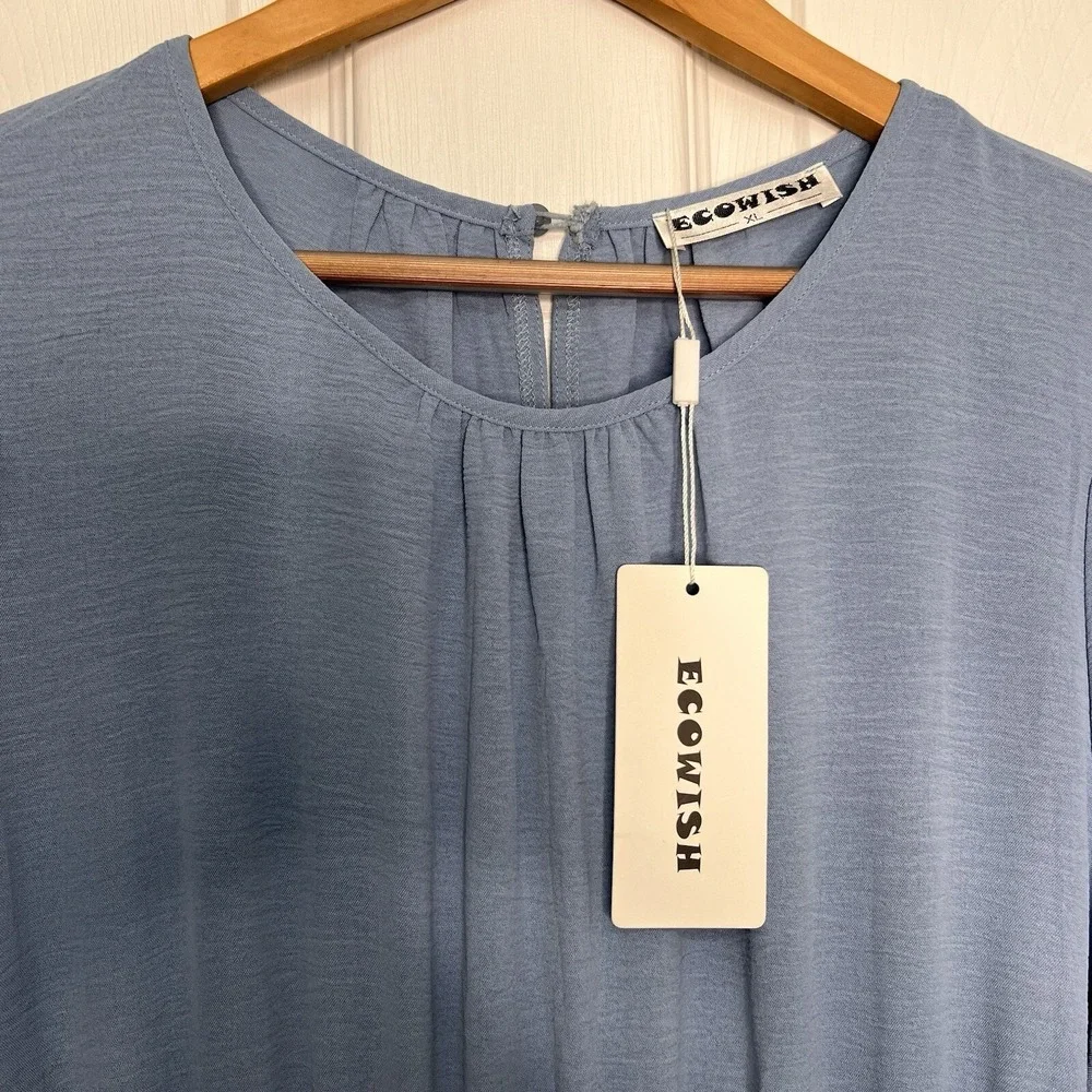 Ecowish Women's XL Blue Short Sleeve Crew Neck Midi Dress Summer Light Weight - Picture 3 of 7